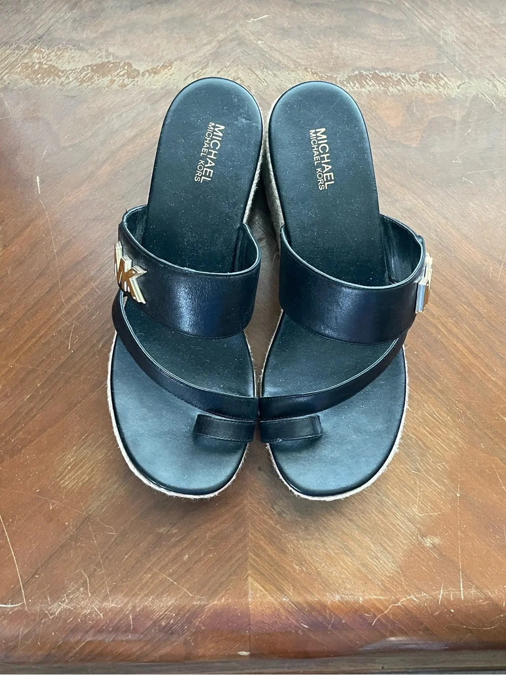 Michael Kors Black Leather Espadrille Wedge Sandals with Gold MK Accent